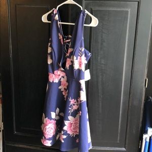 Navy floral fit and flare dress.